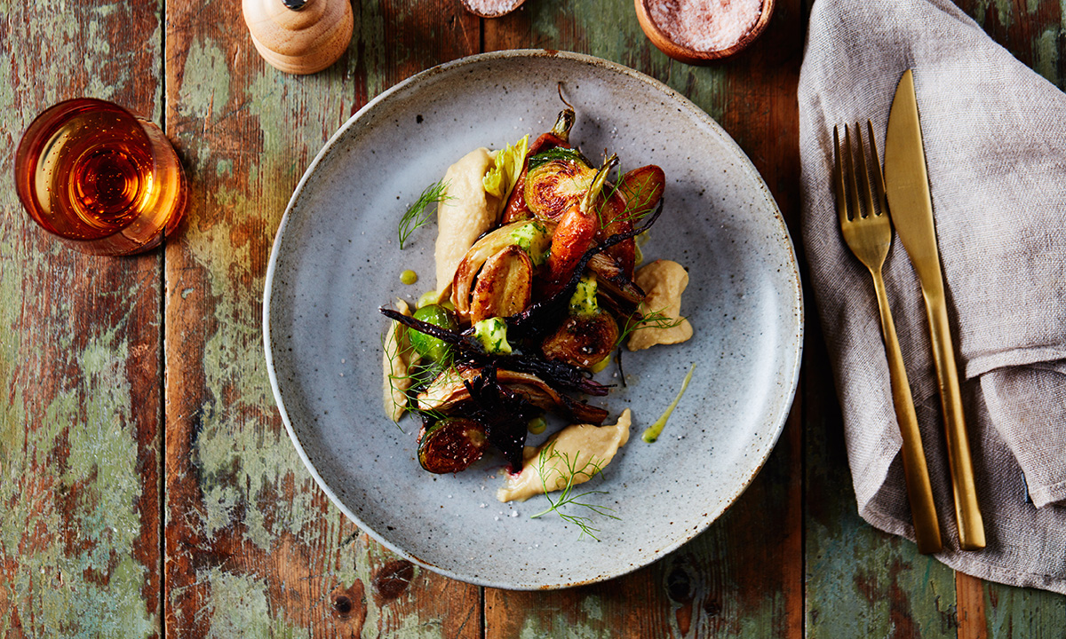 Roasted New Season Butter Vegetables with Chickpea Hummus, Parsley Butter